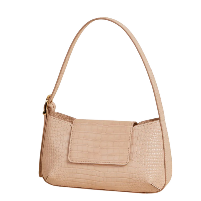 Elegant Beige Croc-Embossed Baguette Bag